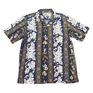 Hawaii Mens Blue White Floral Cotton Hibiscus Up Aloha Shirt Short Sleeve Size L